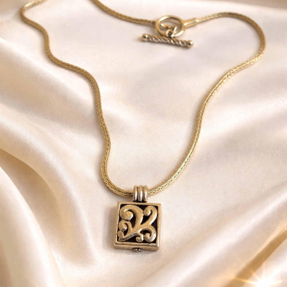 Brighton Rhodium Silver Scroll Square Pendant Necklace Toggle Chain Retired